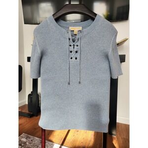 Michael Kors Womens Ribbed Lace Up Short Sleeve Sweater Chambray Blue Size M